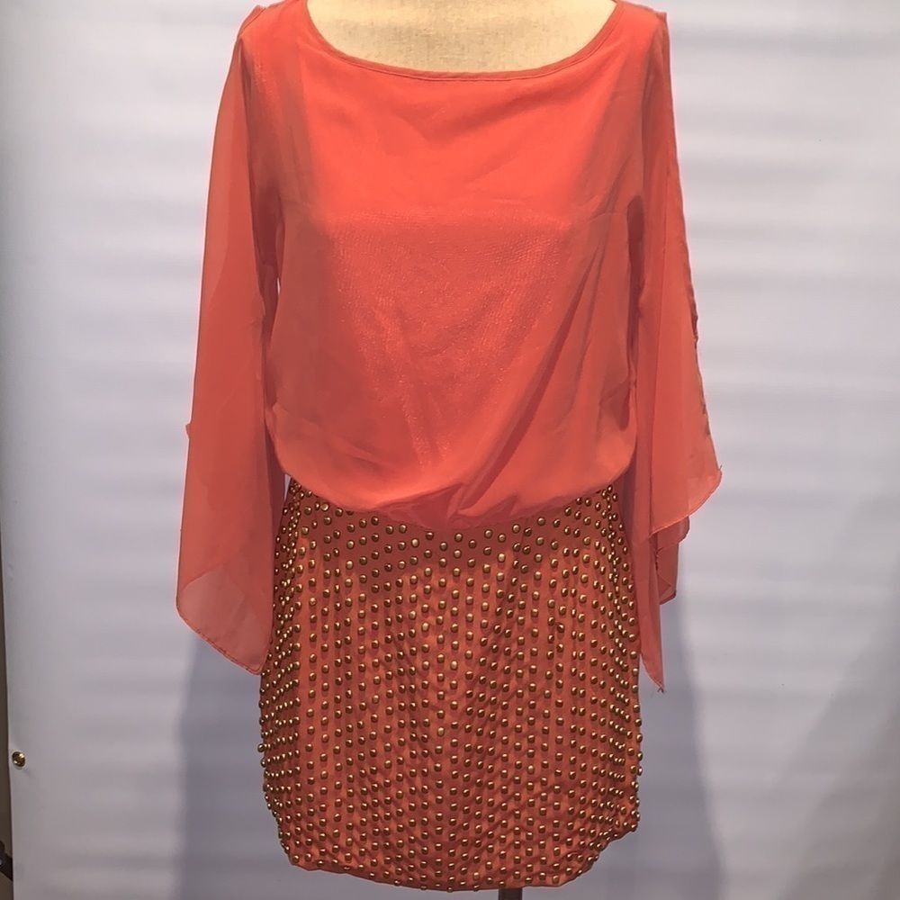 Black orange cold shoulder and gold beaded dress, Medium